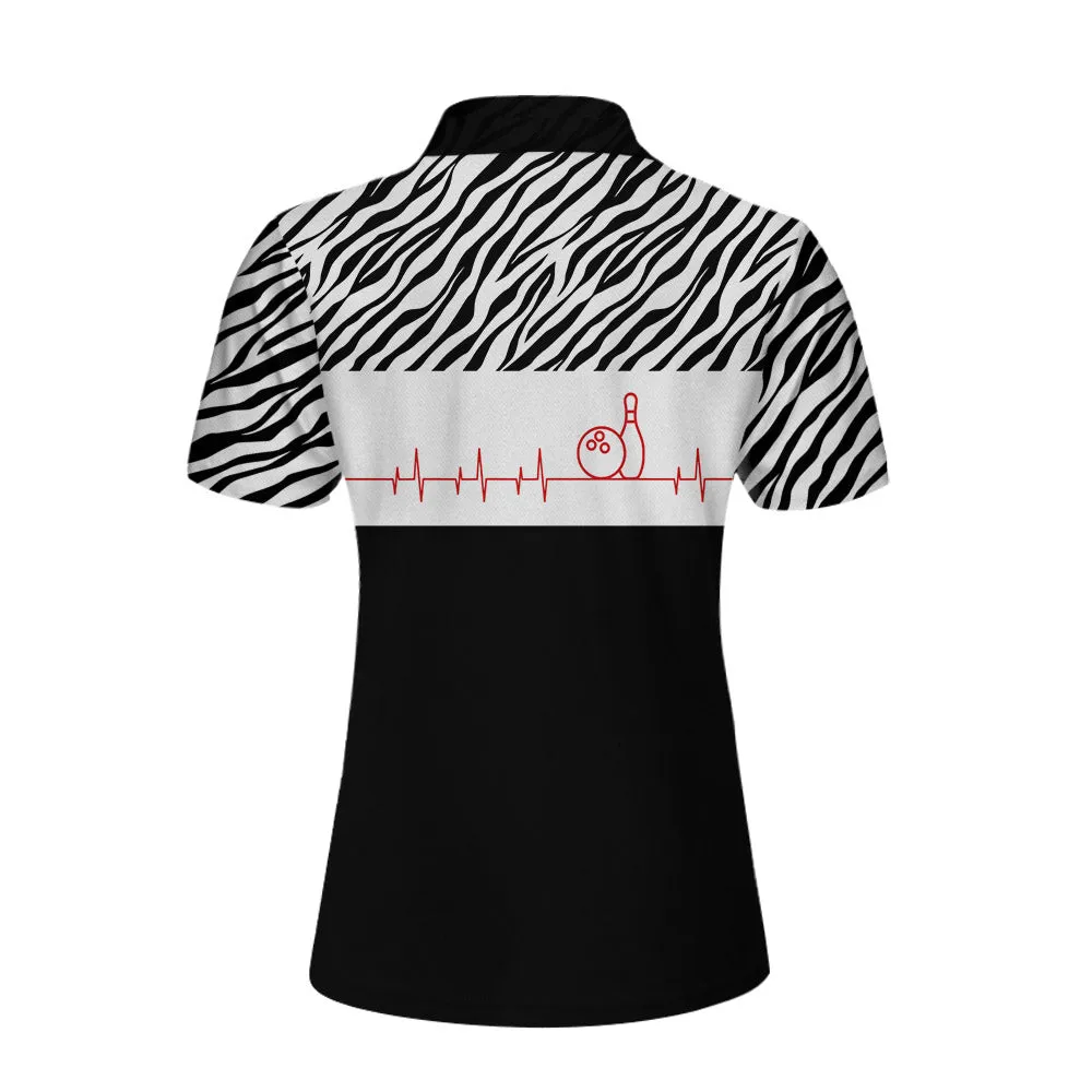 Bowling Heartbeat Zebra Pattern Short Sleeve Women Polo Shirt, Bowling Shirt For Ladies