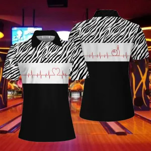 Bowling Heartbeat Zebra Pattern Short Sleeve Women Polo Shirt, Bowling Shirt For Ladies