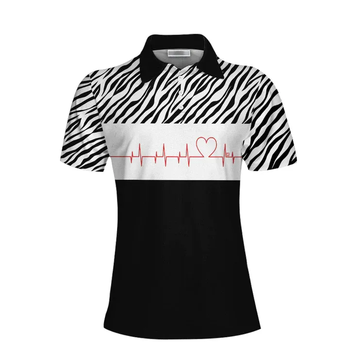 Bowling Heartbeat Zebra Pattern Short Sleeve Women Polo Shirt, Bowling Shirt For Ladies