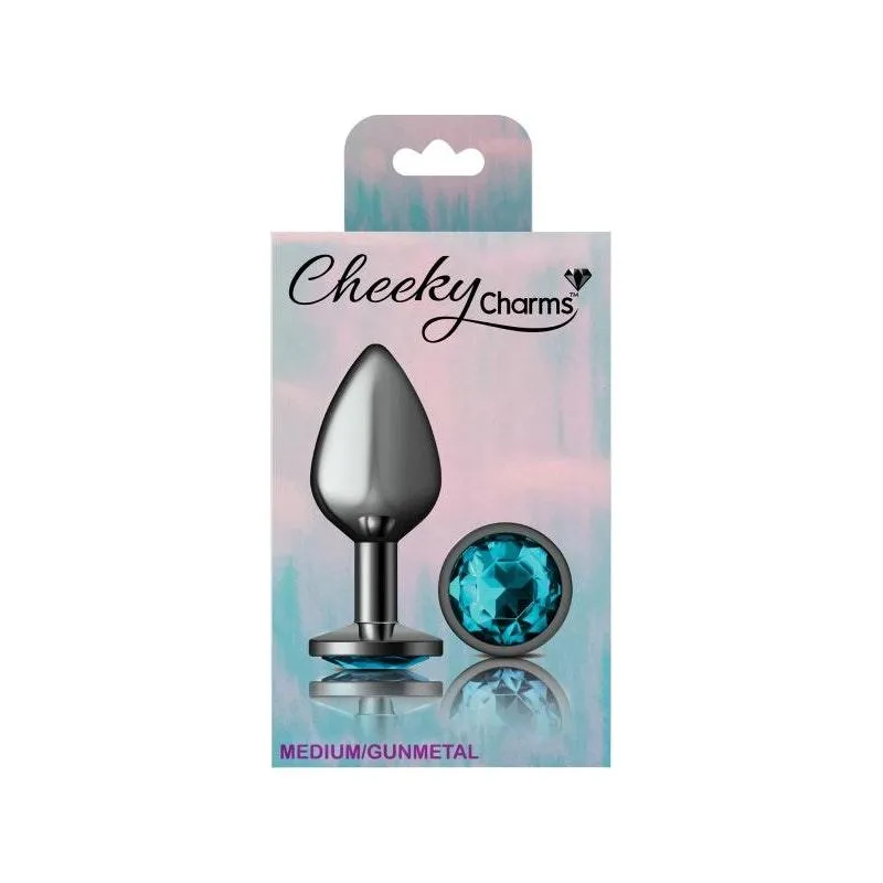 Cheeky Charms Gunmetal Round Butt Plug w Teal Jewel Medium