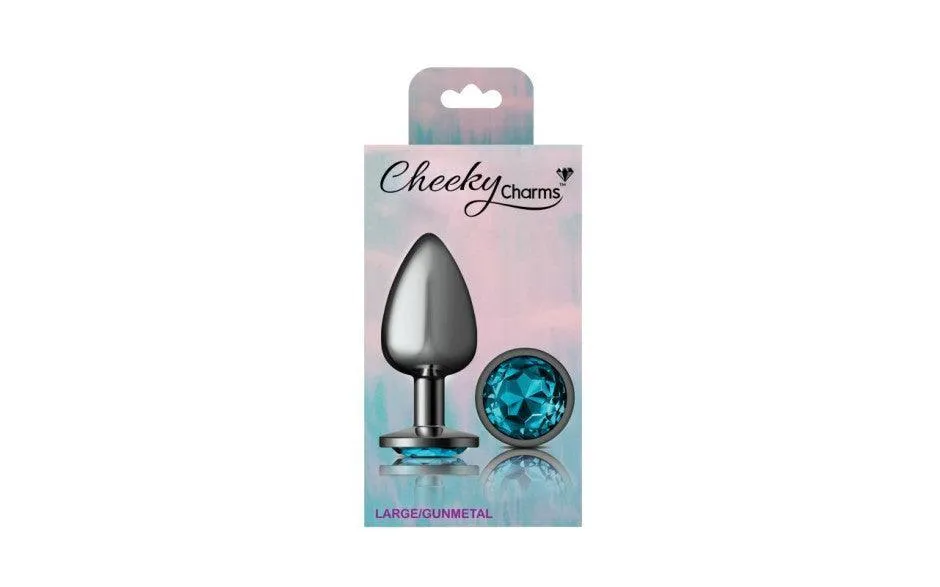 Cheeky Charms Gunmetal Round Butt Plug w Teal Jewel Medium