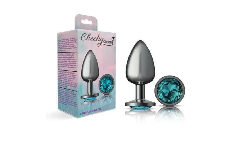 Cheeky Charms Gunmetal Round Butt Plug w Teal Jewel Medium