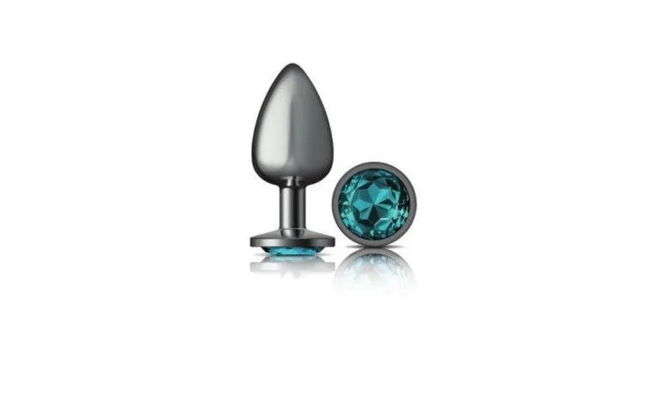 Cheeky Charms Gunmetal Round Butt Plug w Teal Jewel Medium