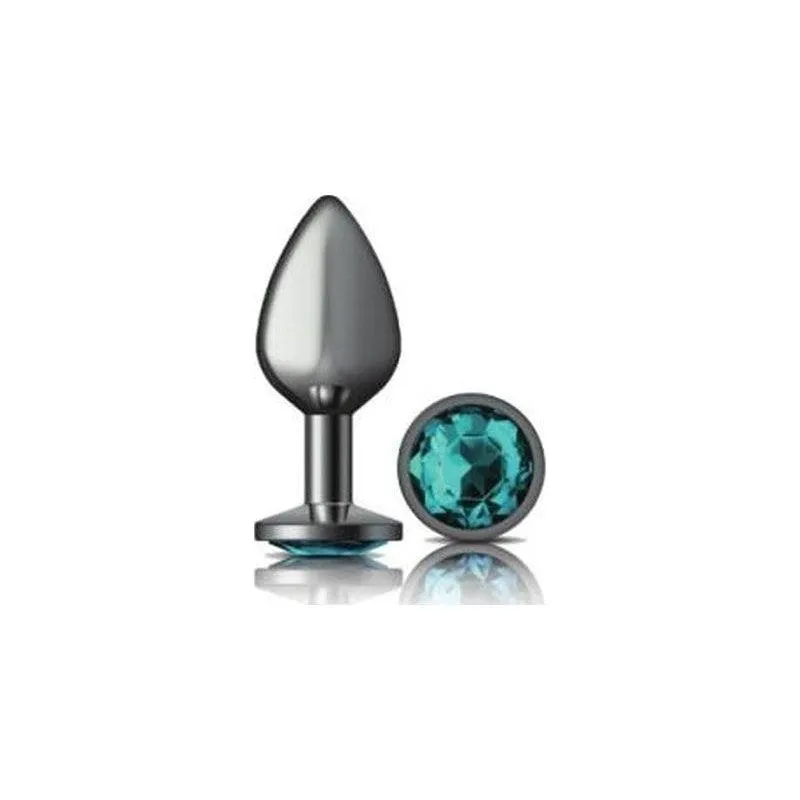 Cheeky Charms Gunmetal Round Butt Plug w Teal Jewel Medium