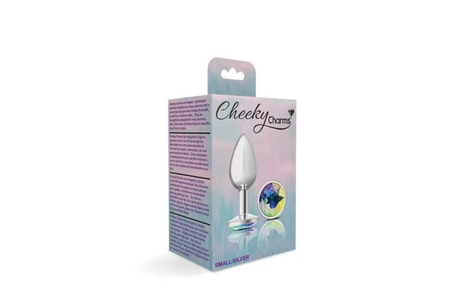 Cheeky Charms Silver Round Butt Plug w Clear Iridescent Jewel Small