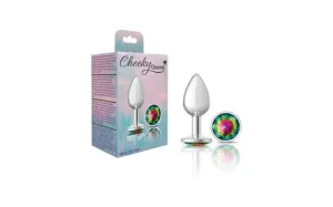 Cheeky Charms Silver Round Butt Plug w Rainbow Jewel Small