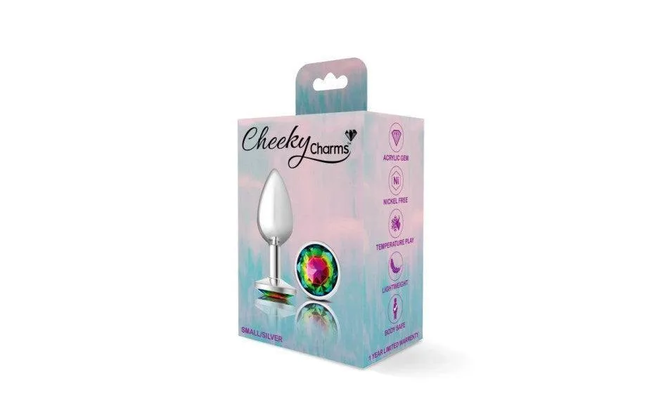 Cheeky Charms Silver Round Butt Plug w Rainbow Jewel Small