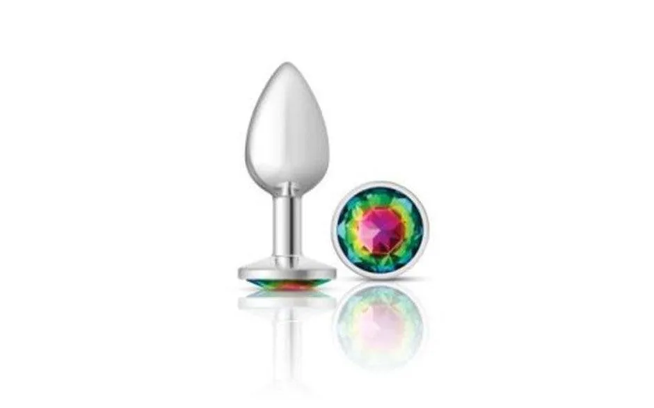 Cheeky Charms Silver Round Butt Plug w Rainbow Jewel Small