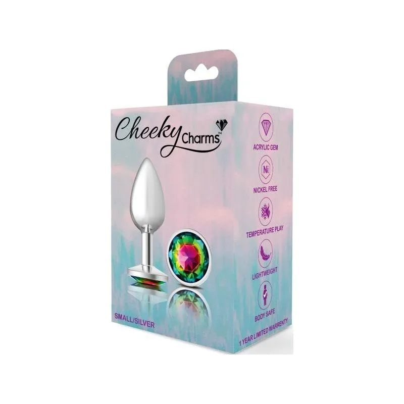 Cheeky Charms Silver Round Butt Plug w Rainbow Jewel Small