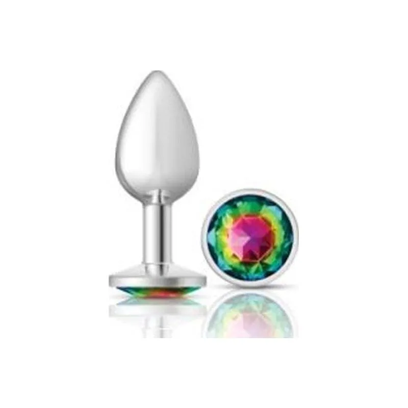 Cheeky Charms Silver Round Butt Plug w Rainbow Jewel Small