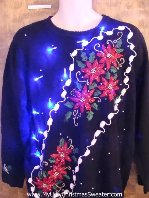 Crazy Poinsettias and Pom Poms Christmas Sweater with Lights