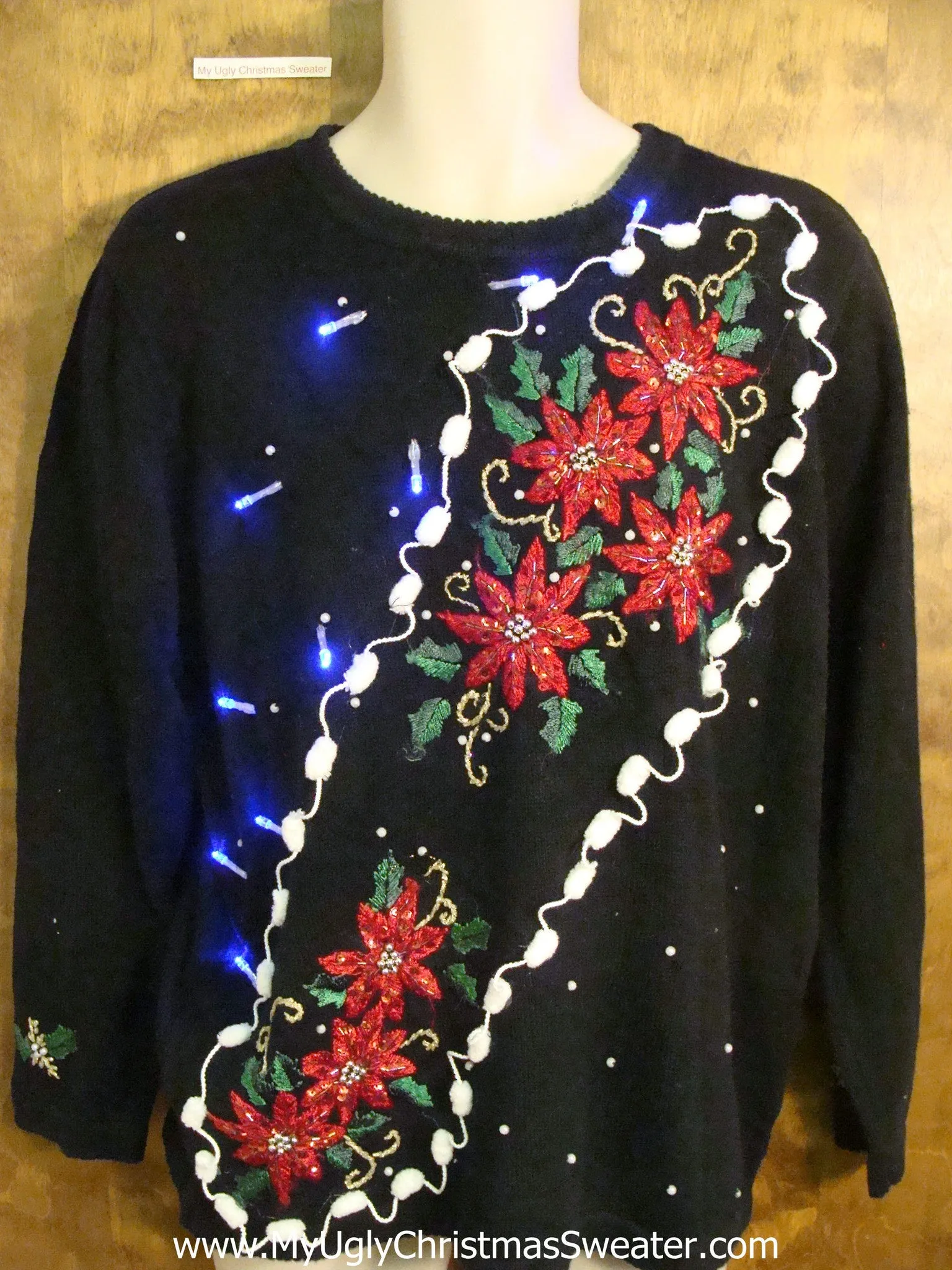 Crazy Poinsettias and Pom Poms Christmas Sweater with Lights