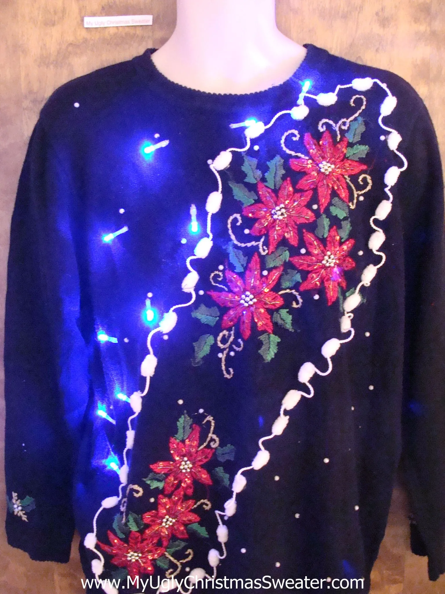 Crazy Poinsettias and Pom Poms Christmas Sweater with Lights