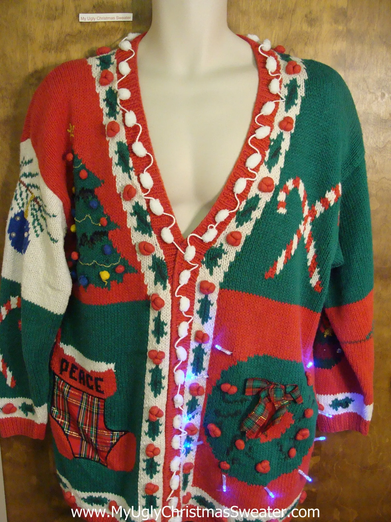 Crazy Red and Green 80s Christmas Sweater with Lights