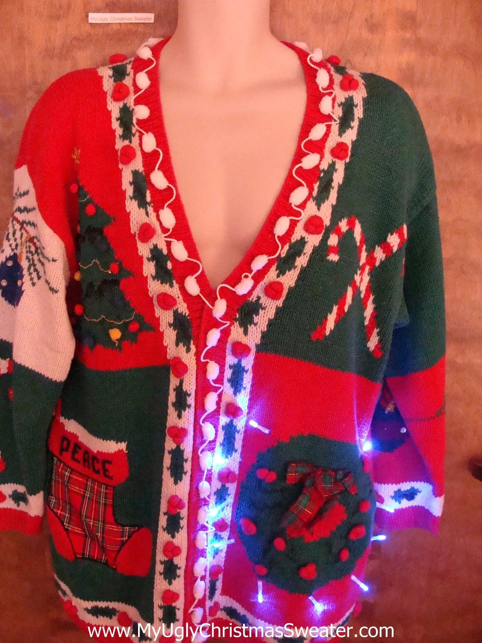 Crazy Red and Green 80s Christmas Sweater with Lights