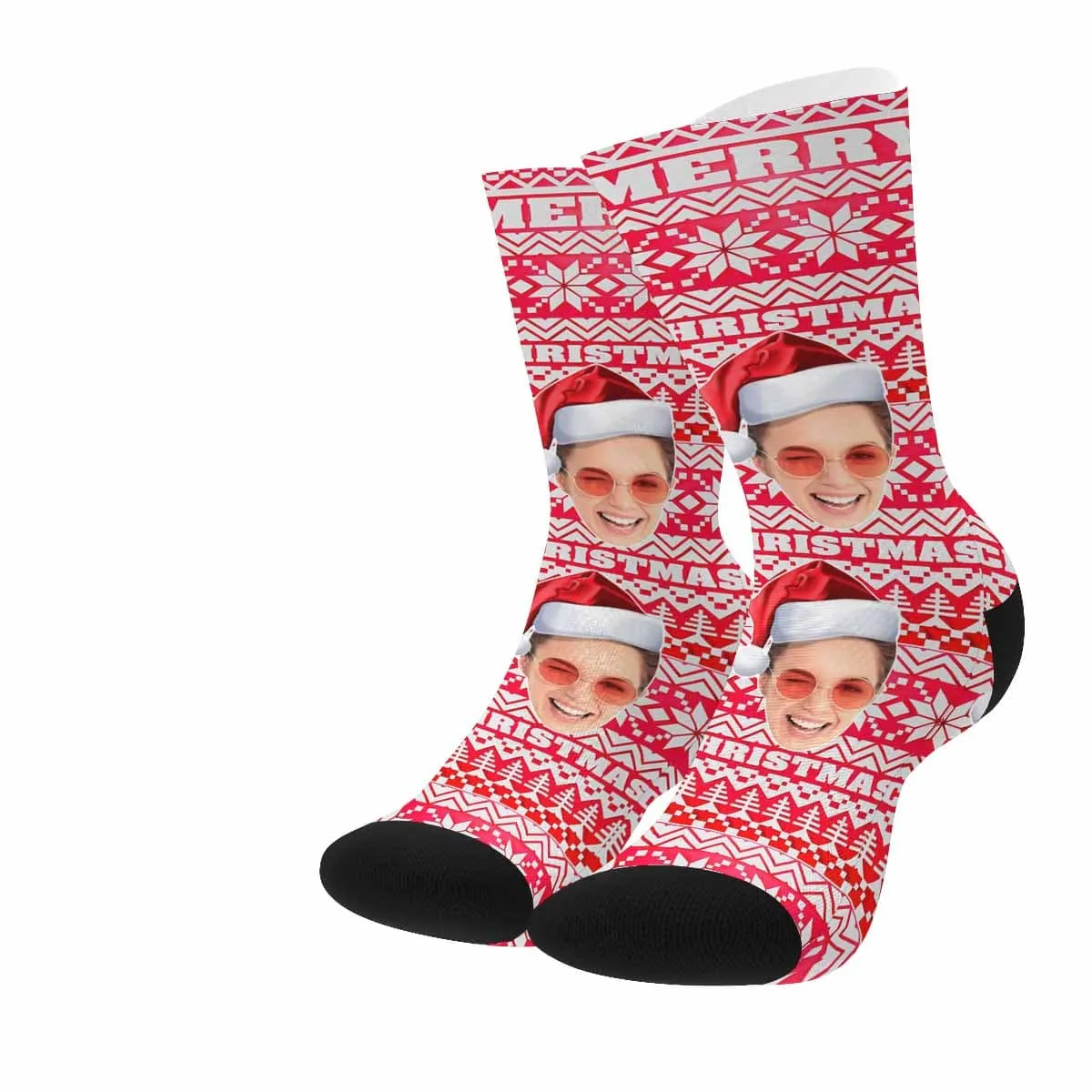 Custom Face Christmas Snowflake Red Socks