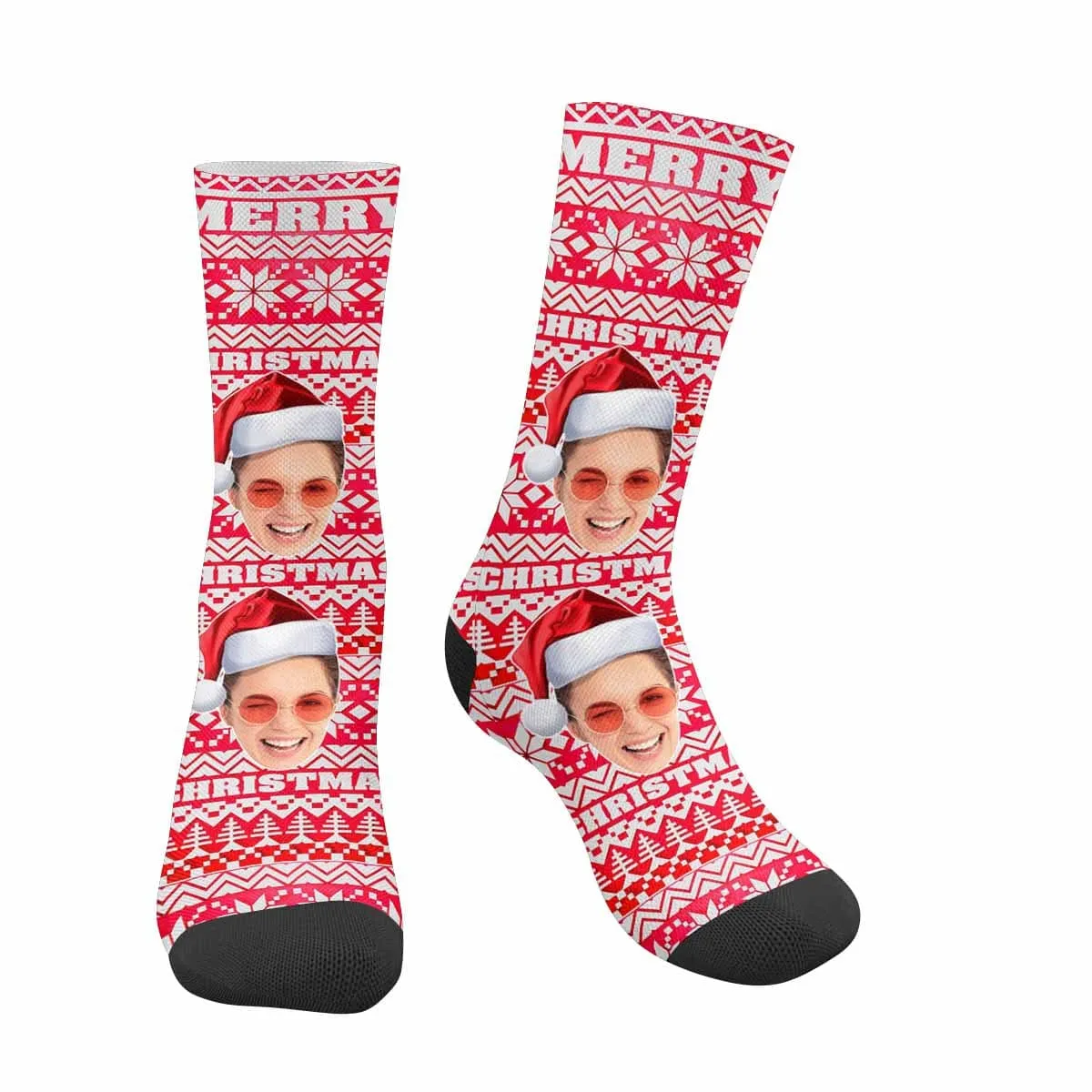 Custom Face Christmas Snowflake Red Socks