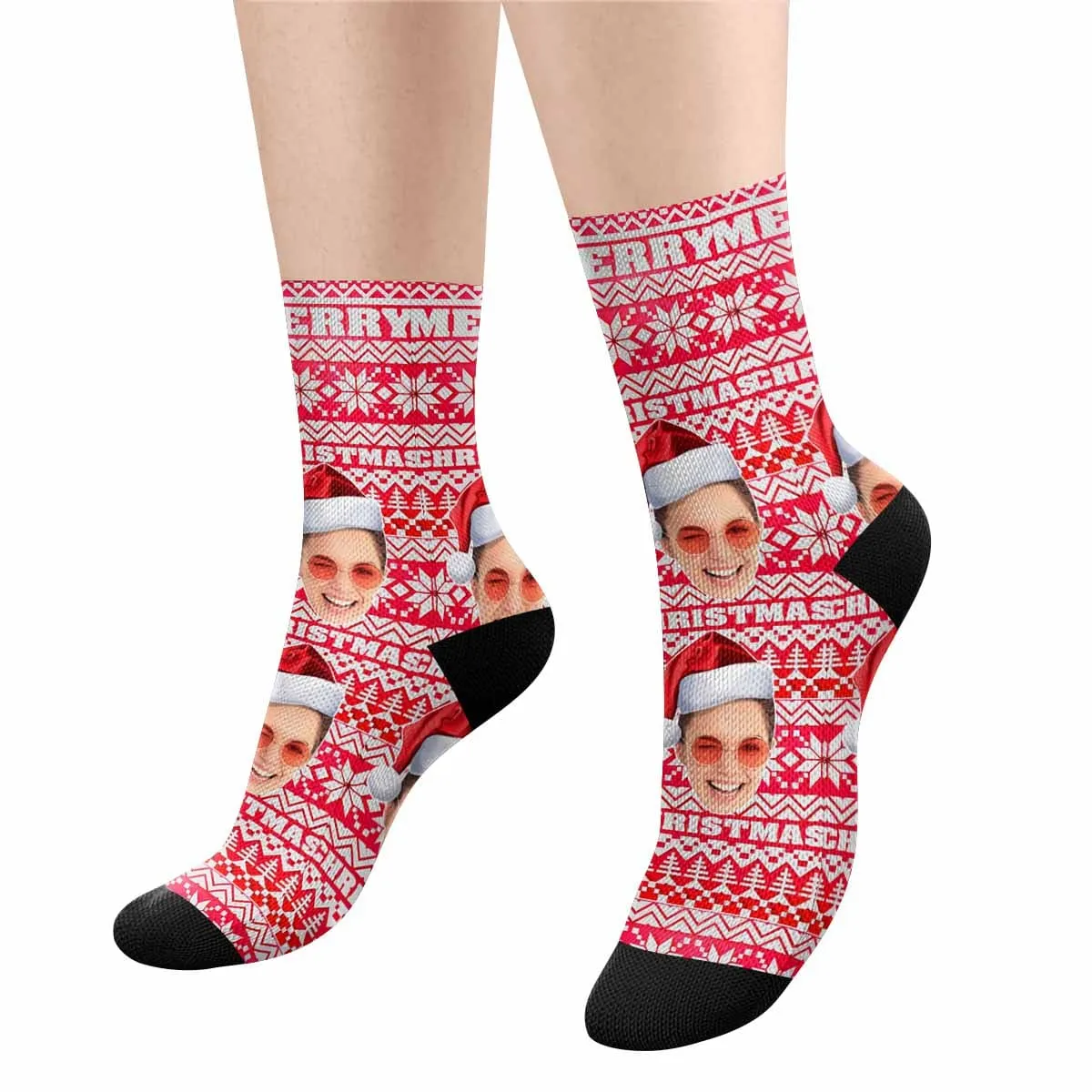 Custom Face Christmas Snowflake Red Socks