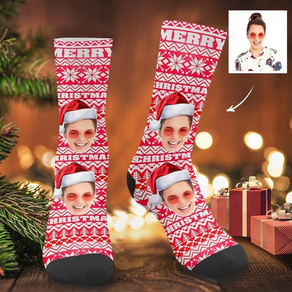 Custom Face Christmas Snowflake Red Socks