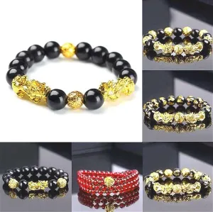 Feng Shui Pixiu Obsidian Stone Beads Bracelet Beaded Pi Xiu Dragon Lucky Charm