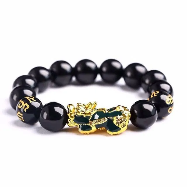 Feng Shui Pixiu Obsidian Stone Beads Bracelet Beaded Pi Xiu Dragon Lucky Charm