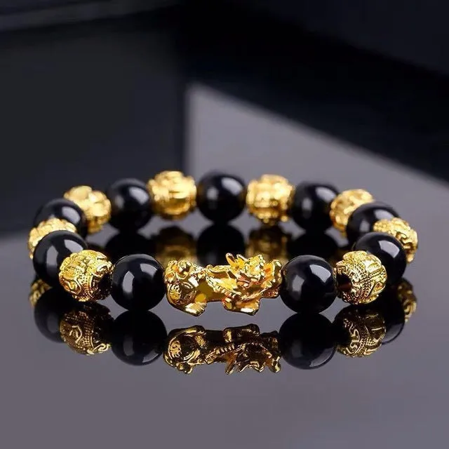 Feng Shui Pixiu Obsidian Stone Beads Bracelet Beaded Pi Xiu Dragon Lucky Charm