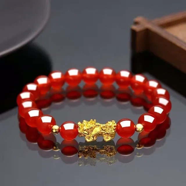 Feng Shui Pixiu Obsidian Stone Beads Bracelet Beaded Pi Xiu Dragon Lucky Charm