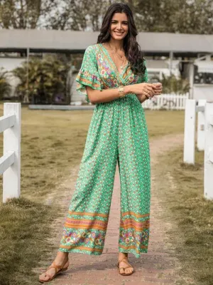 Floral Surplice Flutter Sleeve Jumpsuit