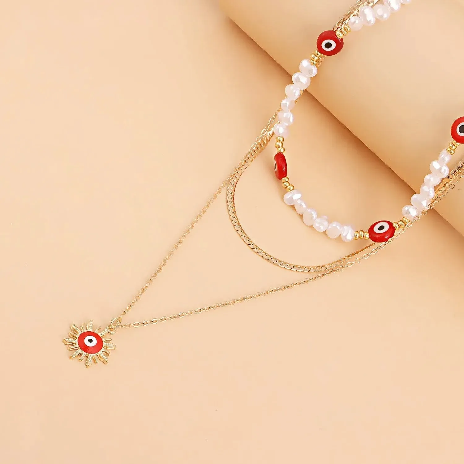 Gold Plated Multiple Red Evil Eye With Sunflower Charm Necklace Alloy Necklace