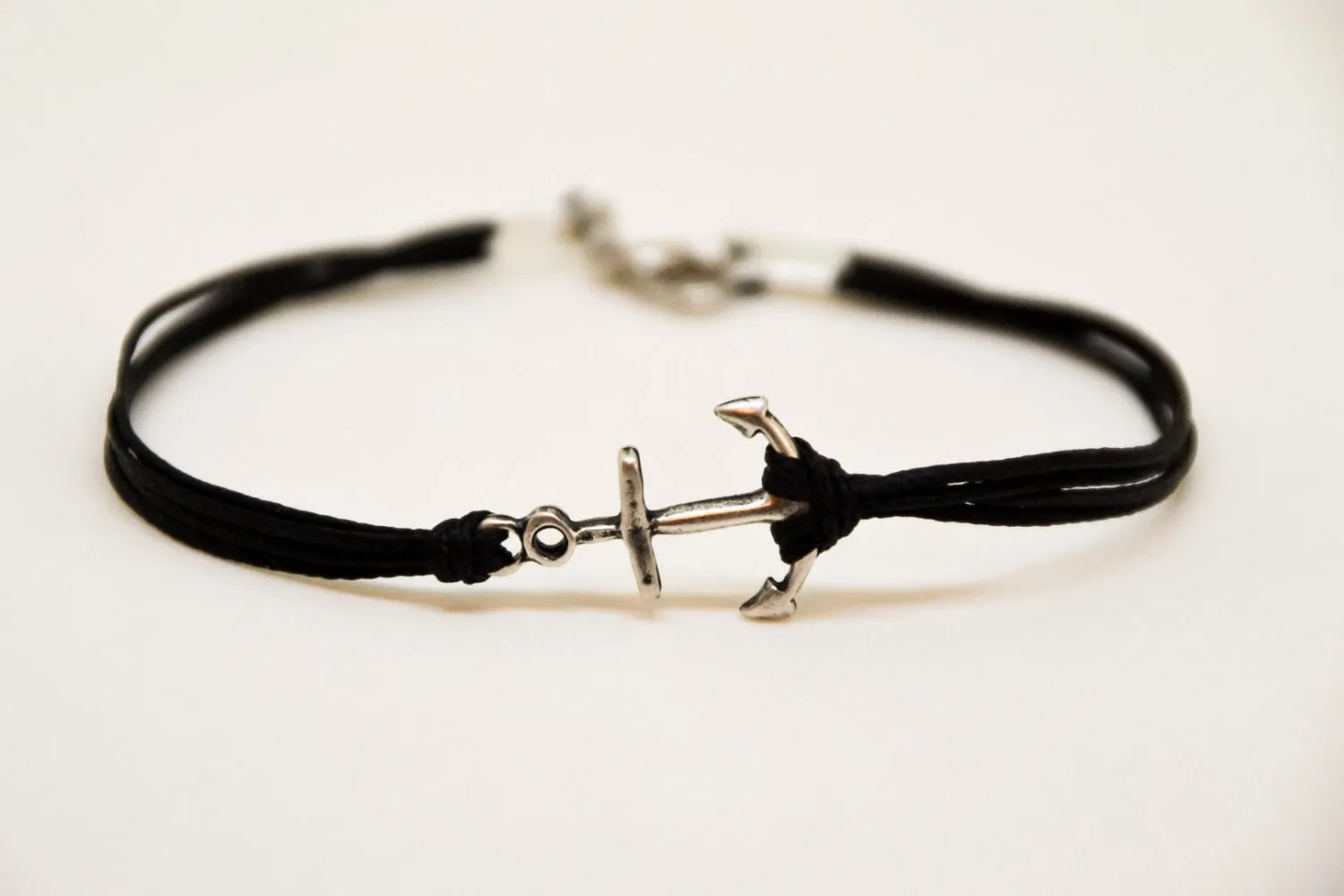 Men's anchor bracelet, black cords, silver charm, gift for him