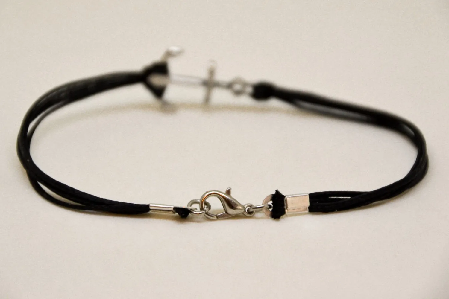 Men's anchor bracelet, black cords, silver charm, gift for him