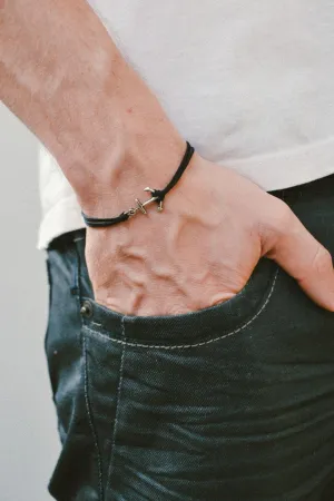 Men's anchor bracelet, black cords, silver charm, gift for him