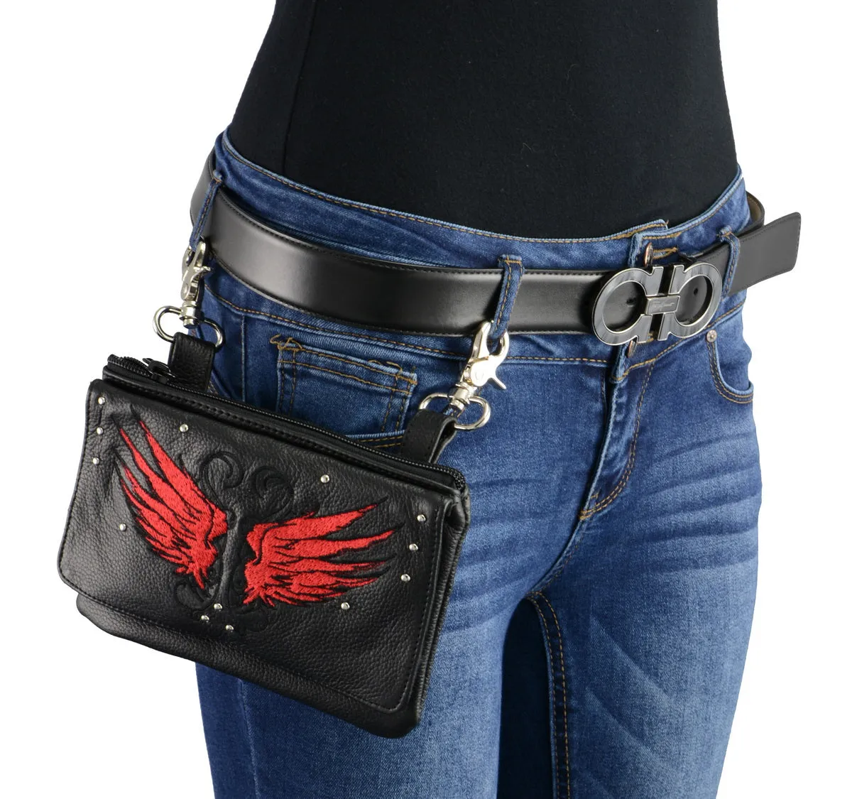 Milwaukee Leather MP8850 Ladies 'Winged' Leather Black and Red Multi Pocket Belt Bag