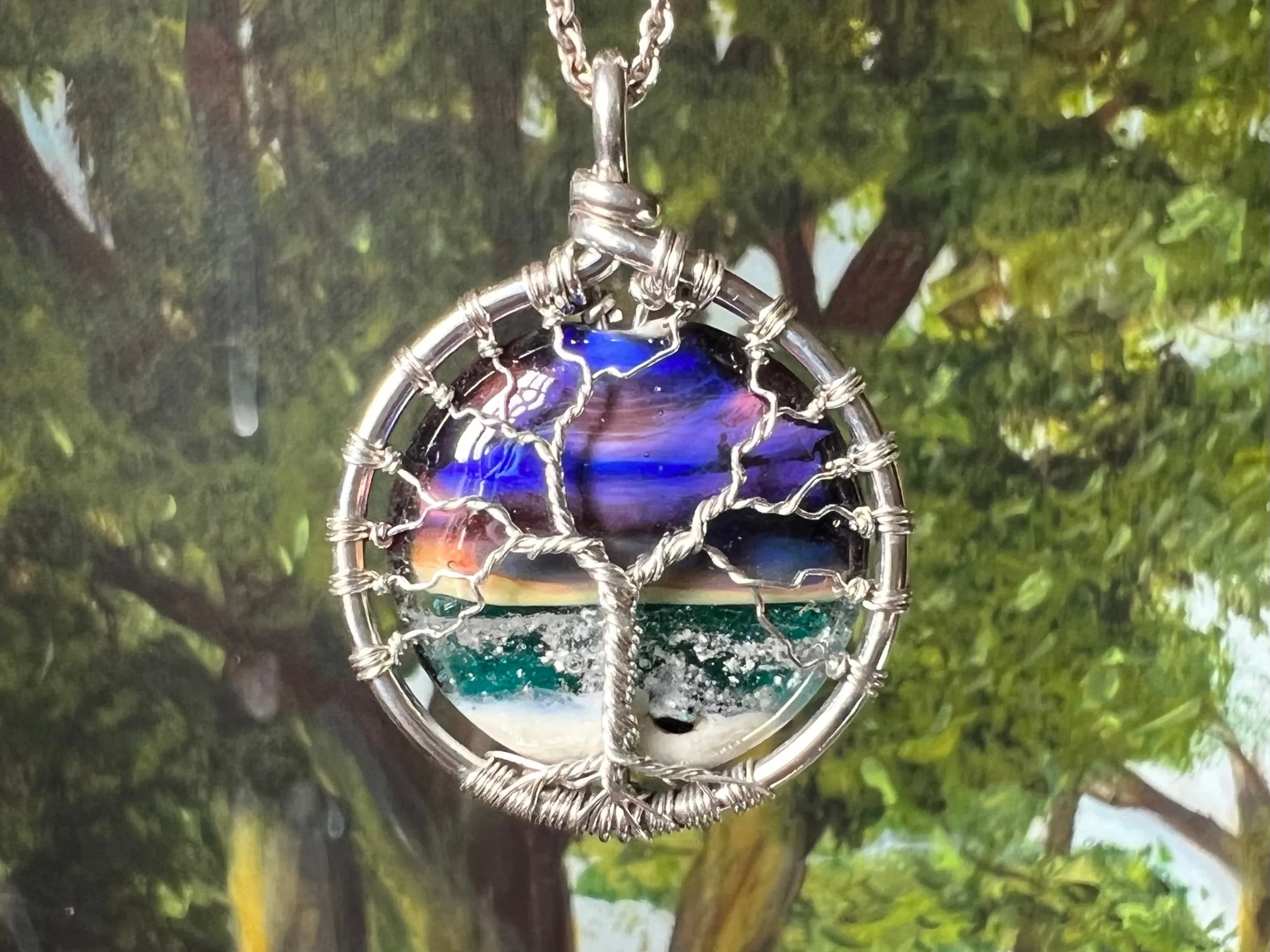 Ocean Beach Sunset Tree of Life Pendant with Cremains