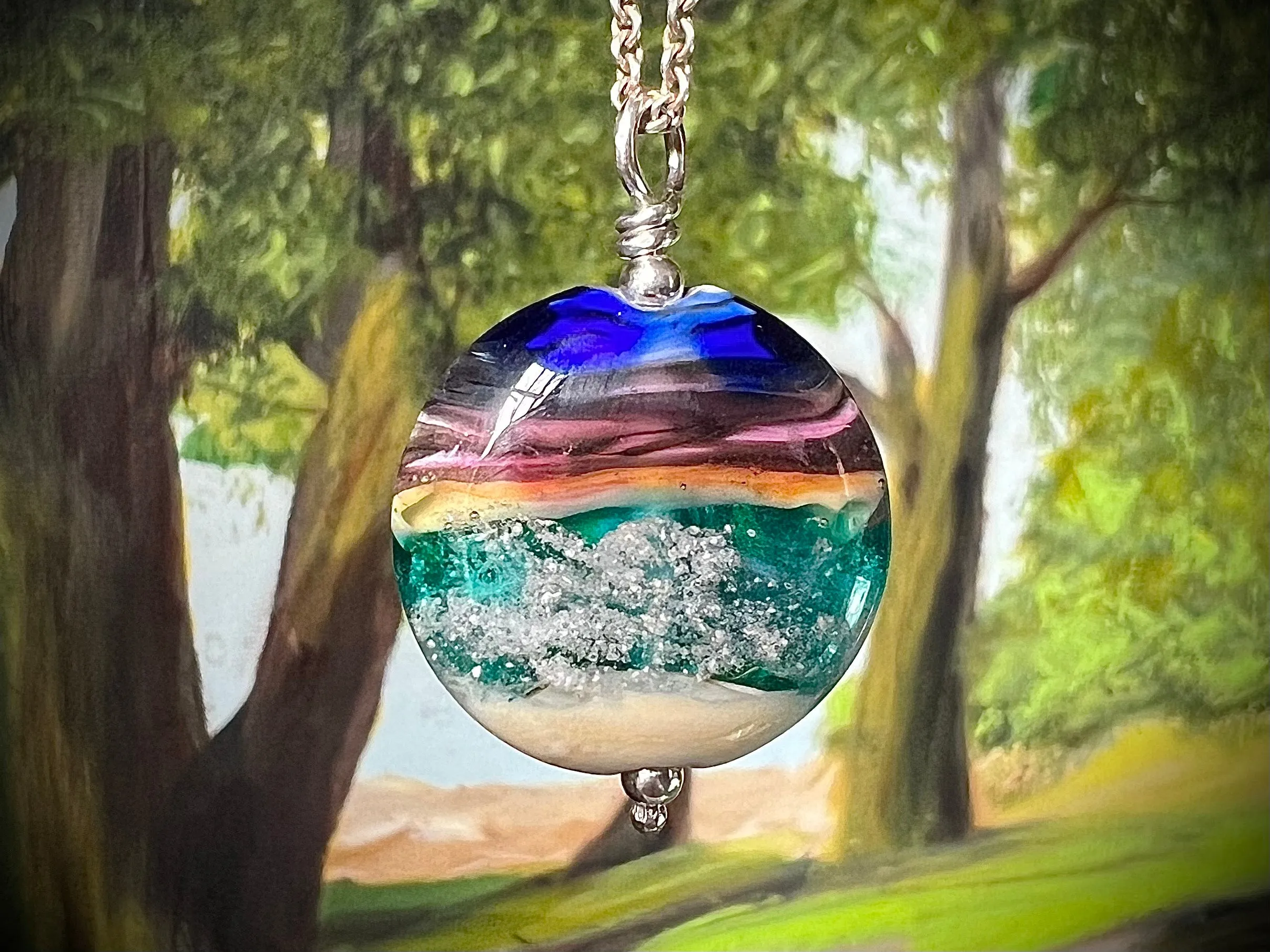 Ocean Wave Sunset Pendant with Cremation Ash