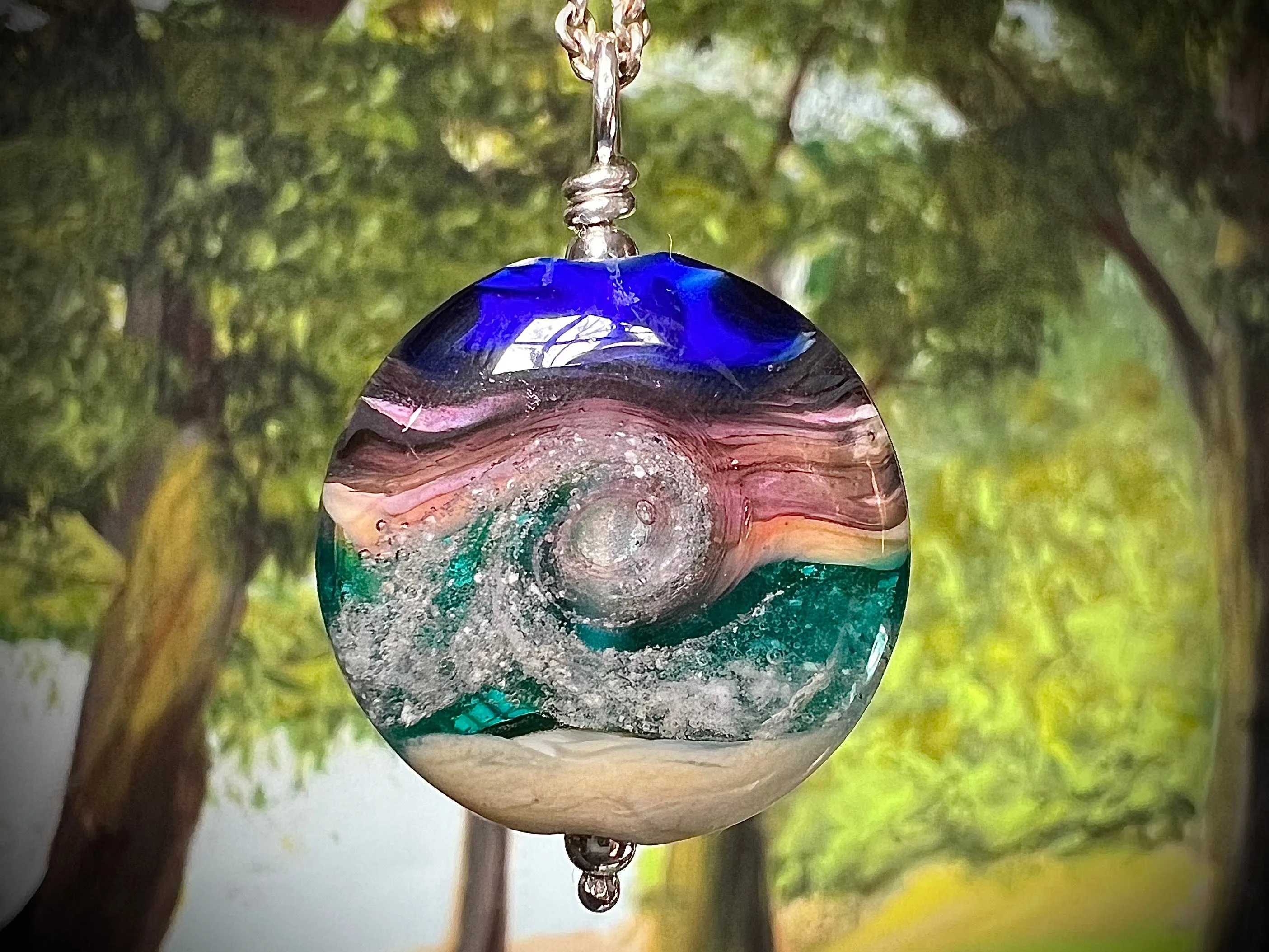 Ocean Wave Sunset Pendant with Cremation Ash