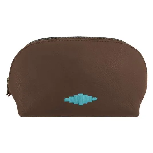 PAMPEANO - Brillo Cosmetic Bag - Brown Leather with Turquoise Stitching