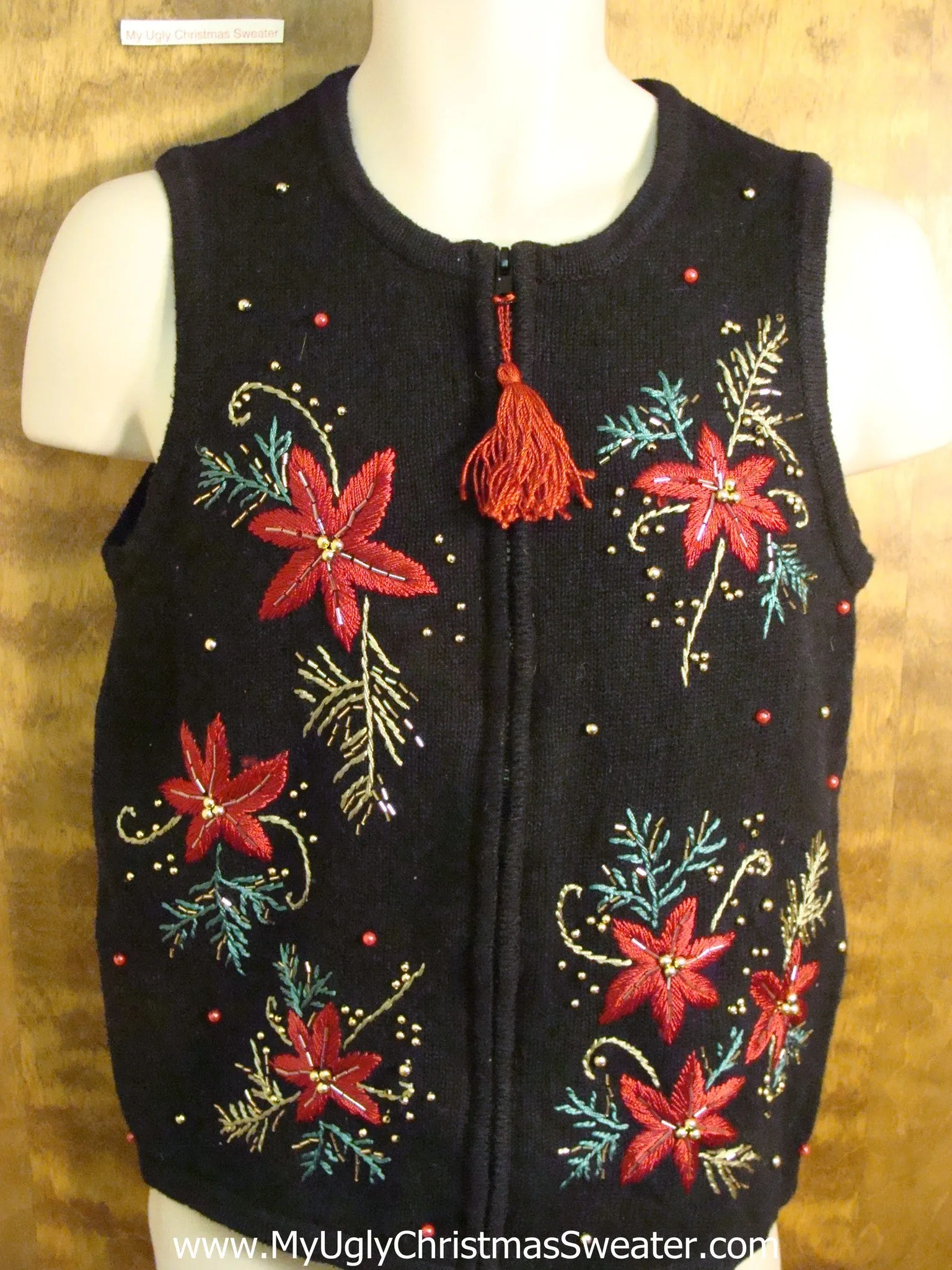 Poinsettia Themed Christmas Sweater Vest with Tassle Zipper Pull