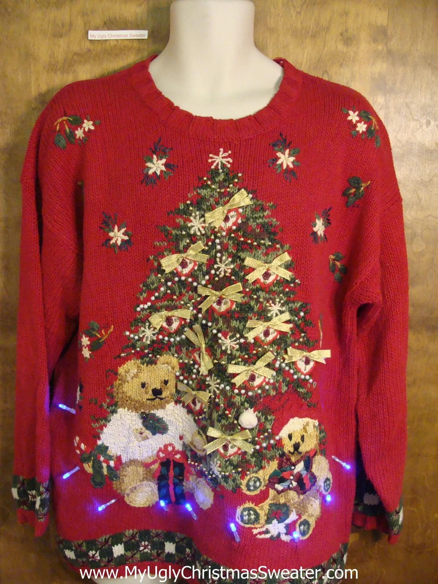 Red 80s Tree and Bear Christmas Sweater with Lights