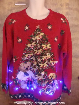 Red 80s Tree and Bear Christmas Sweater with Lights