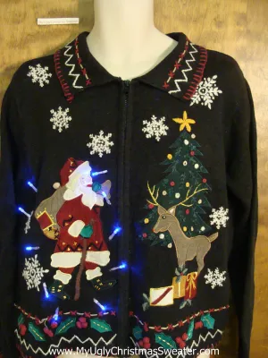 Santa and Reindeer Crazy Christmas Sweater with Lights