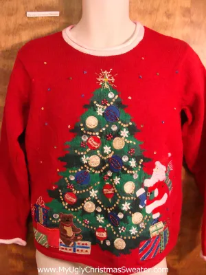 Santa Decorating Tree Tacky Bad Christmas Sweater