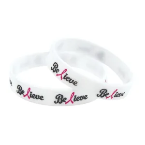 Silicone Wristbands Color Filled Debossed 1/2" Believe Design - White (100/Pack)