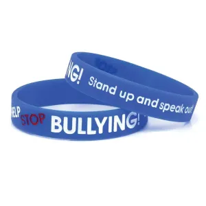 Silicone Wristbands Color Filled Debossed 1/2" Help Stop Bullying! Stand Up and Speak Out - Blue (100/Pack)