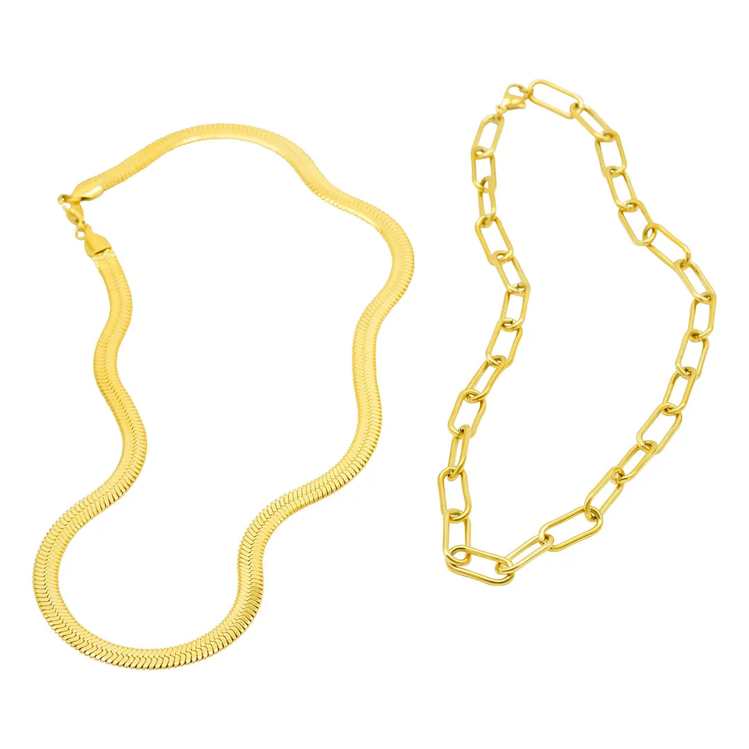 Tarnish Resistant 14k Gold Plated Set Of Herringbone And Paper Clip Necklaces